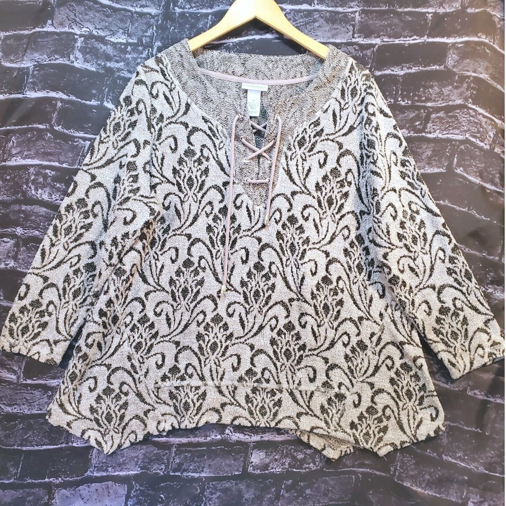 Catherines‎ Boho Sweater Top Womens 0X Gray Damask Lace Up Long Sleeve Pullover